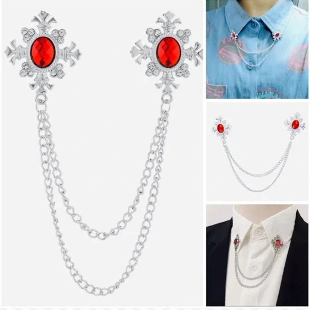 Anthropologie Silver and Red Floral Brooch